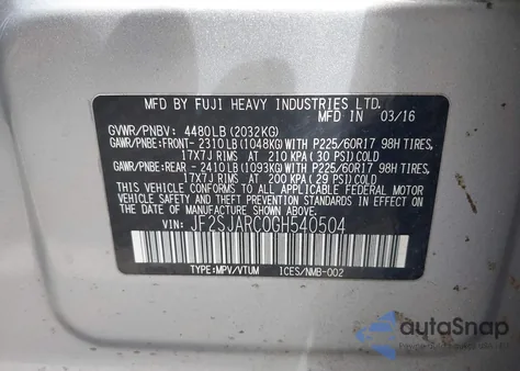 2016 Subaru Forester 2.5I Limited from USA, damaged, VIN JF2SJARC0GH540504